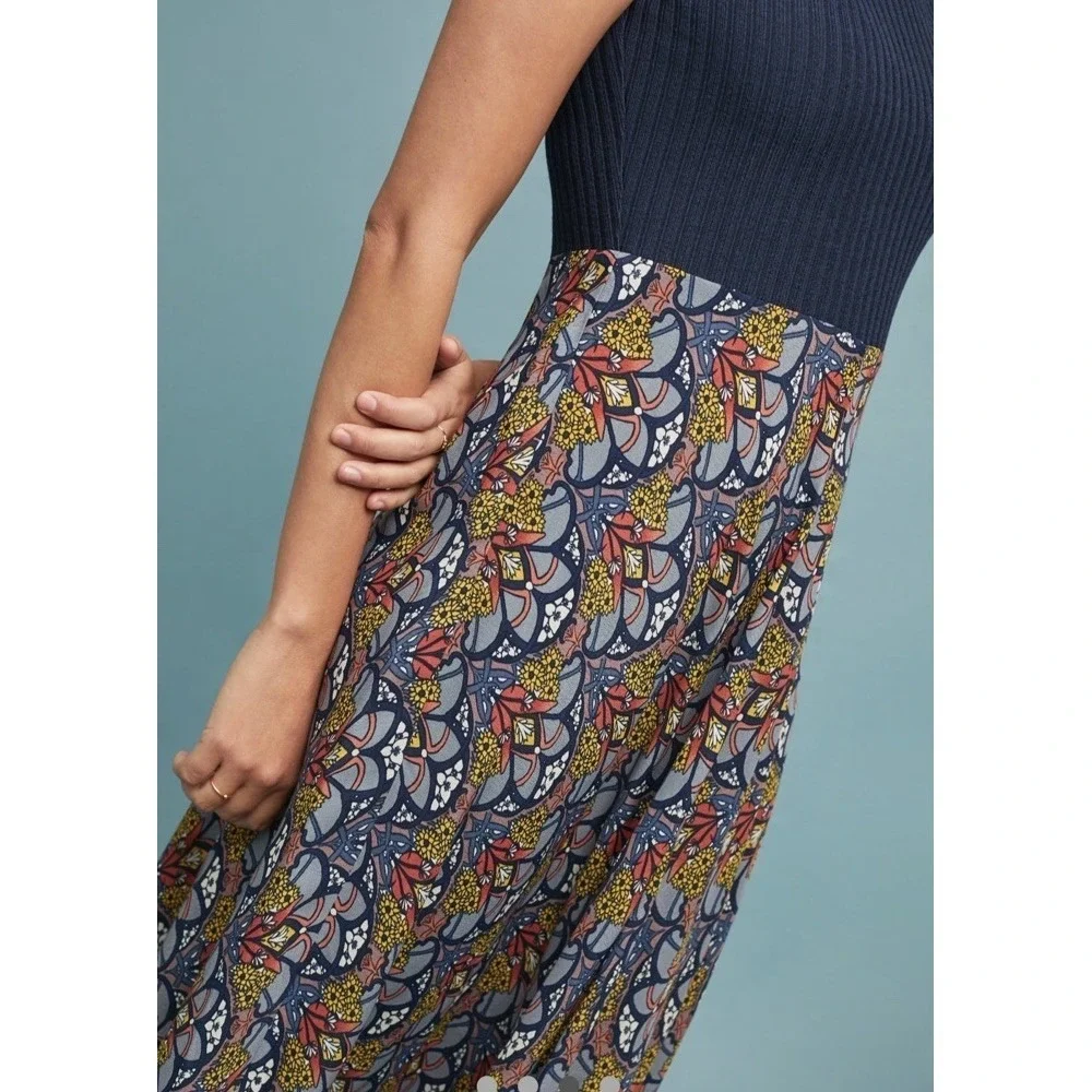 TINY Anthropologie Sophie Dress Sz L Navy Sweater Bodice Rayon Skirt Midi / Maxi - Picture 3 of 16